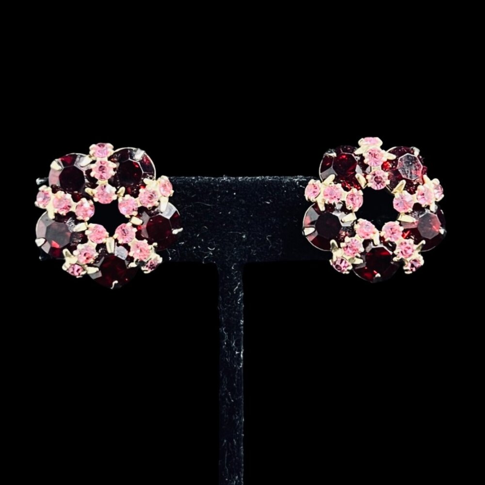 Vintage Gold Tone With Red And Pink Glass Rhinestones Wreath Clip On Earrings (5